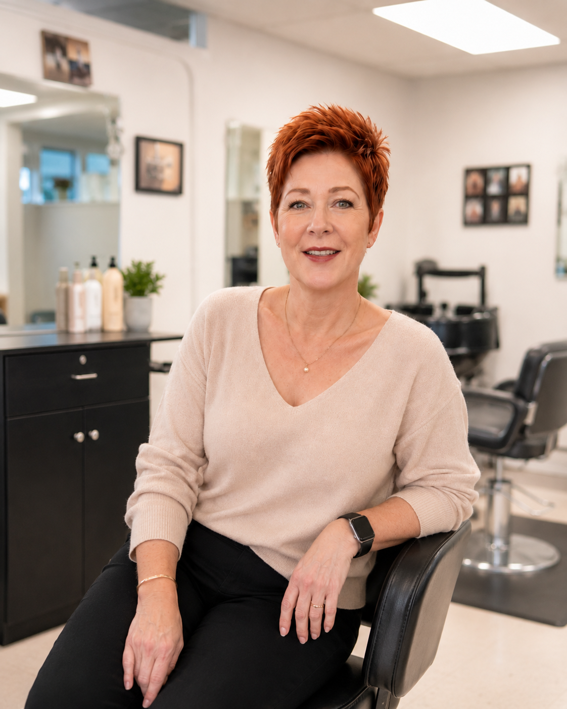 Lisa Miller seated in her salon